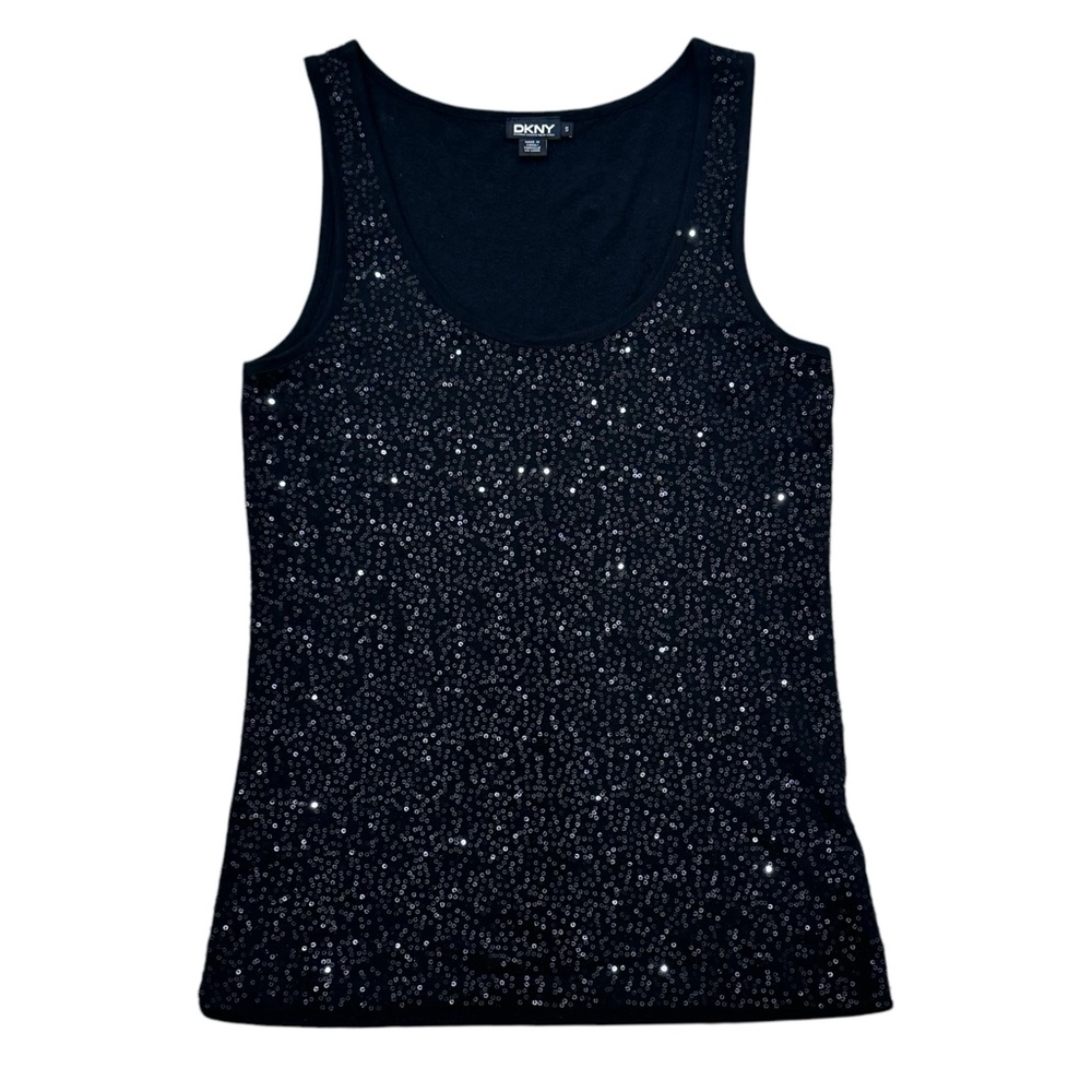 DKNY BLACK SEQUINS SCOOP NECK SLEEVELESS COTTON TOP - Picture 2 of 12